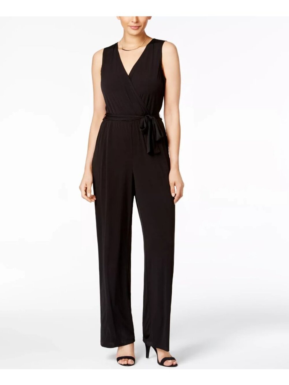 NY Collection Surplice Belted Wide-Leg Jumpsuit pockets Black Petite Size PL $65
